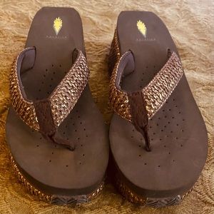 Brown Weaved Volatile Wedge Sandals